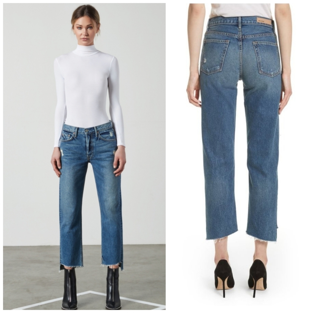 GRLFRND Women's Straight Leg Raw Hem Medium Blue Jeans